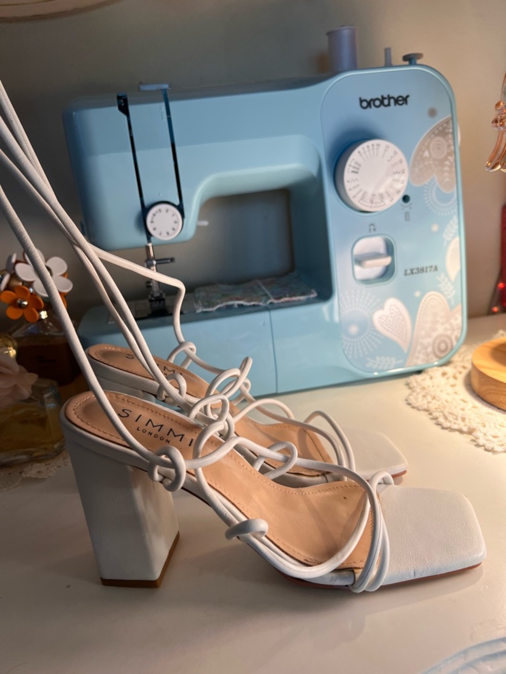 SIMMI London White Strappy Block Heel Sandals with Lace-Up Ankles